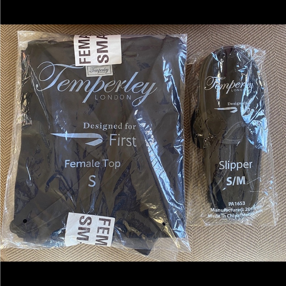 British Airways Temperley London Black Top Bottoms Pajamas Lounge Slipper Set
